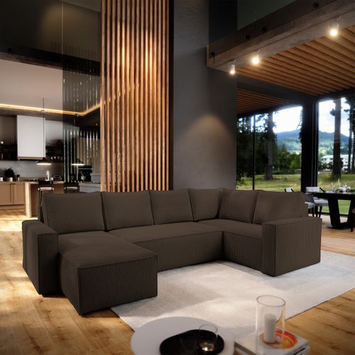 Canapé D'angle Norena Marron En Velours Côtelé Avec Fonction De Couchage