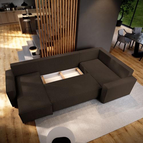 Canapé D'angle Norena Marron En Velours Côtelé Avec Fonction De Couchage