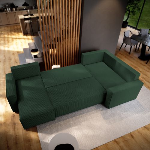 Canapé D'angle Norena Vert En Velours Côtelé Avec Fonction De Couchage