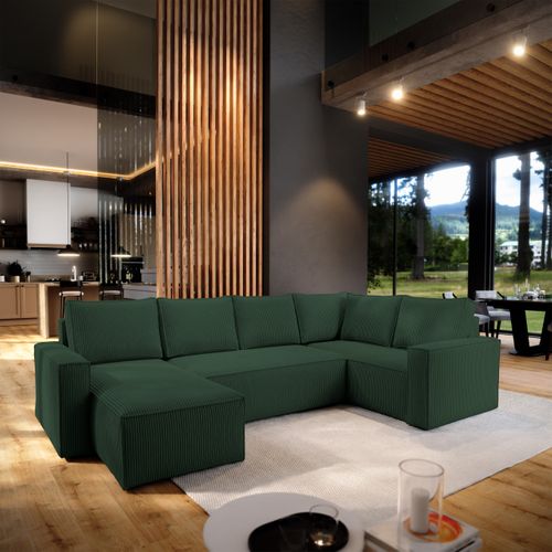 Canapé D'angle Norena Vert En Velours Côtelé Avec Fonction De Couchage