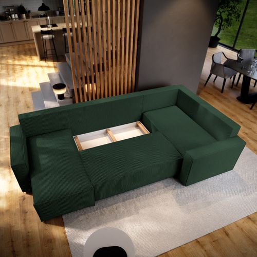 Canapé D'angle Norena Vert En Velours Côtelé Avec Fonction De Couchage