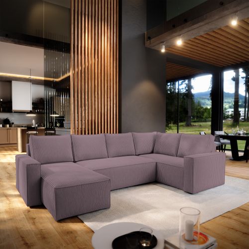 Canapé D'angle Norena Violet En Velours Côtelé Avec Fonction De Couchage