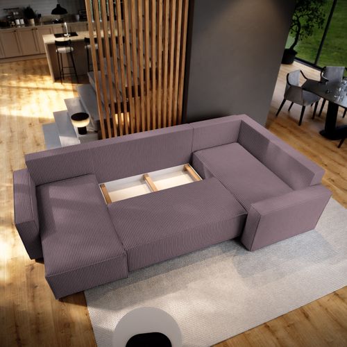 Canapé D'angle Norena Violet En Velours Côtelé Avec Fonction De Couchage