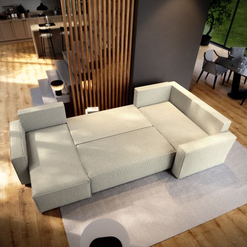 Canapé D'angle Norena Crème En Velours Côtelé Avec Fonction De Couchage