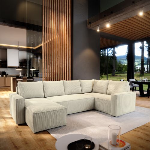 Canapé D'angle Norena Crème En Velours Côtelé Avec Fonction De Couchage