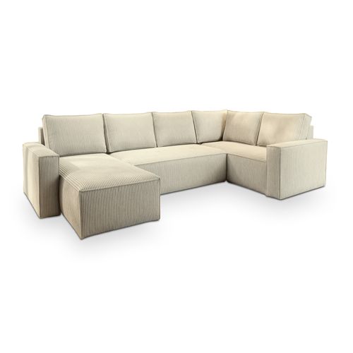 Canapé D'angle Norena Crème En Velours Côtelé Avec Fonction De Couchage