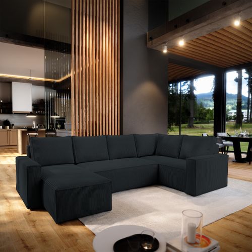 Canapé D'angle Norena Noir En Velours Côtelé Avec Fonction De Couchage