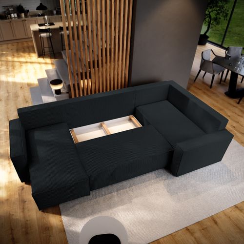 Canapé D'angle Norena Noir En Velours Côtelé Avec Fonction De Couchage