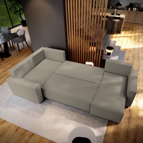 Canapé D'angle Norena Beige En Velours Côtelé Avec Fonction De Couchage