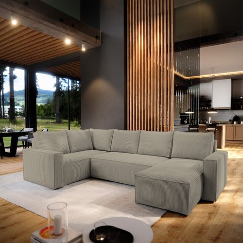 Canapé D'angle Norena Beige En Velours Côtelé Avec Fonction De Couchage