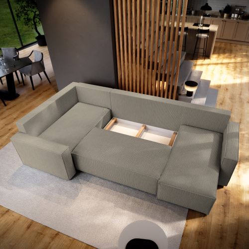 Canapé D'angle Norena Beige En Velours Côtelé Avec Fonction De Couchage