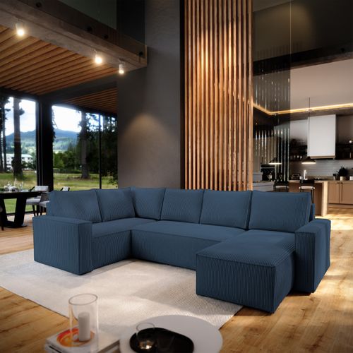 Canapé D'angle Norena Bleu En Velours Côtelé Avec Fonction De Couchage