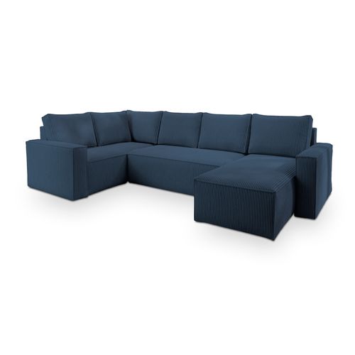 Canapé D'angle Norena Bleu En Velours Côtelé Avec Fonction De Couchage