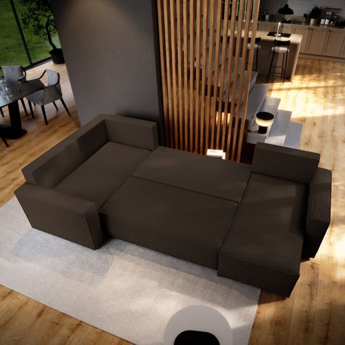Canapé D'angle Norena Marron En Velours Côtelé Avec Fonction De Couchage