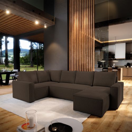 Canapé D'angle Norena Marron En Velours Côtelé Avec Fonction De Couchage