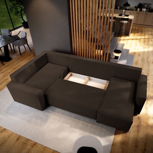 Canapé D'angle Norena Marron En Velours Côtelé Avec Fonction De Couchage