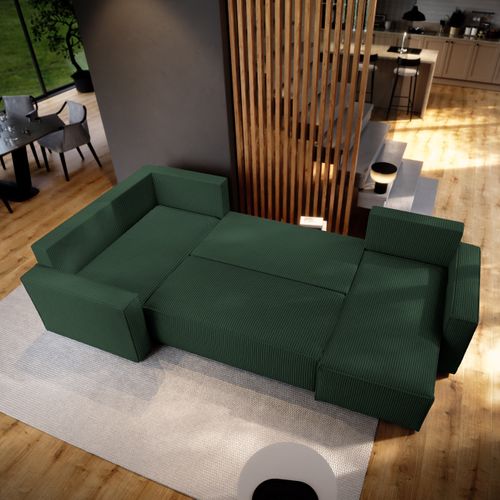 Canapé D'angle Norena Vert En Velours Côtelé Avec Fonction De Couchage