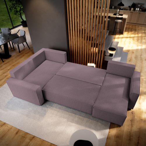 Canapé D'angle Norena Violet En Velours Côtelé Avec Fonction De Couchage