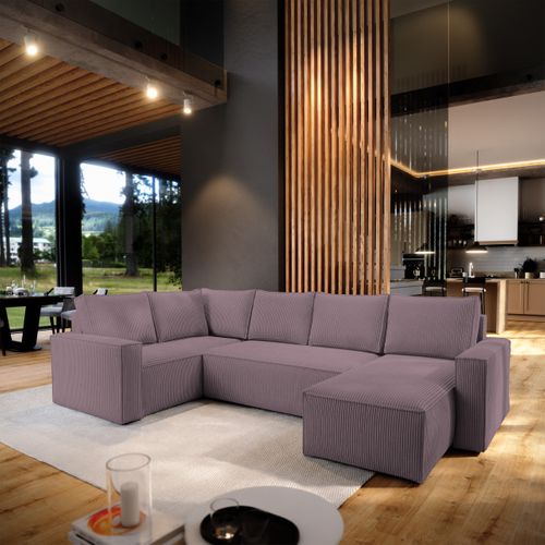 Canapé D'angle Norena Violet En Velours Côtelé Avec Fonction De Couchage