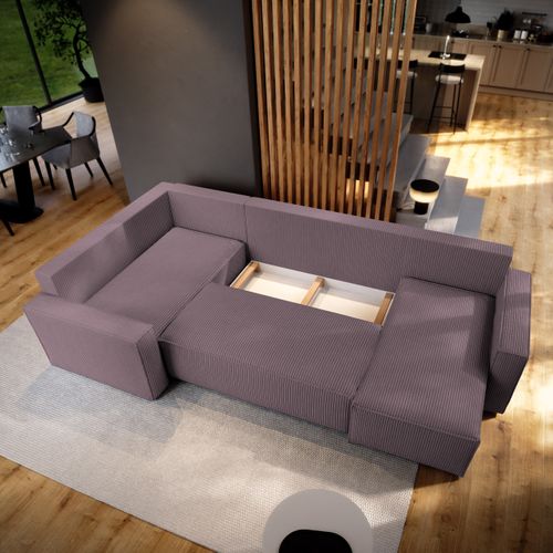 Canapé D'angle Norena Violet En Velours Côtelé Avec Fonction De Couchage