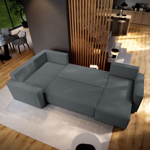 Canapé D'angle Norena Gris En Velours Côtelé Avec Fonction De Couchage