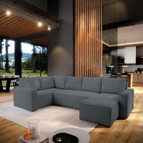 Canapé D'angle Norena Gris En Velours Côtelé Avec Fonction De Couchage