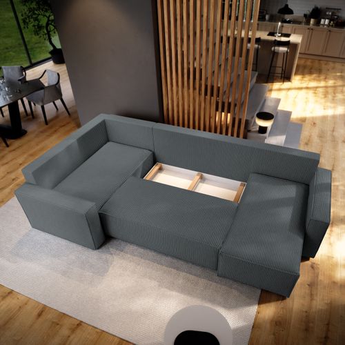 Canapé D'angle Norena Gris En Velours Côtelé Avec Fonction De Couchage