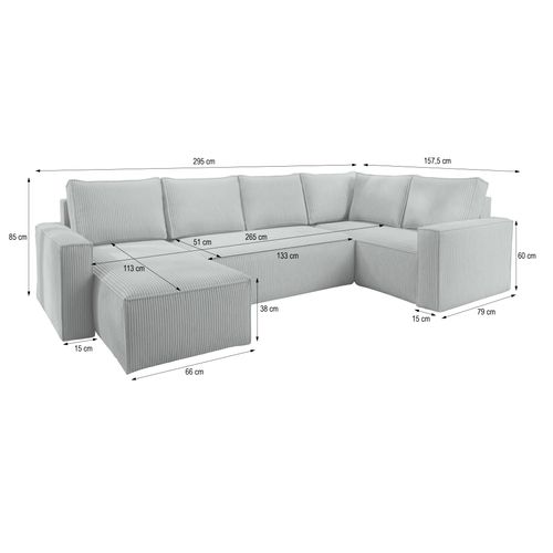 Canapé D'angle Norena Gris En Velours Côtelé Avec Fonction De Couchage