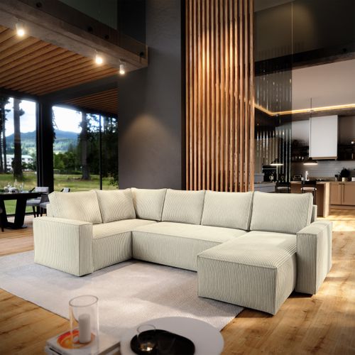 Canapé D'angle Norena Crème En Velours Côtelé Avec Fonction De Couchage