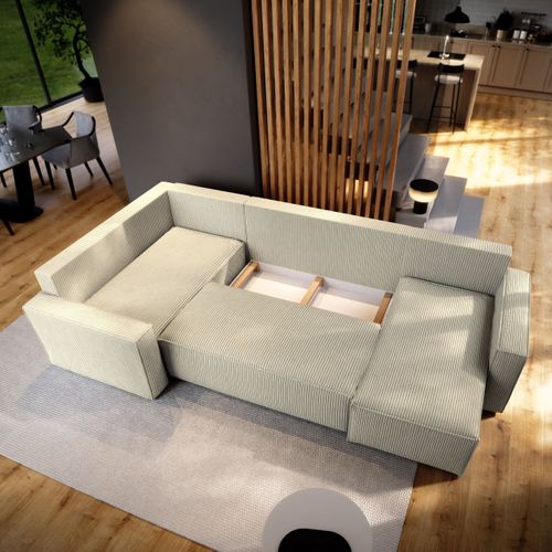 Canapé D'angle Norena Crème En Velours Côtelé Avec Fonction De Couchage