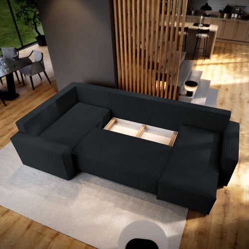 Canapé D'angle Norena Noir En Velours Côtelé Avec Fonction De Couchage
