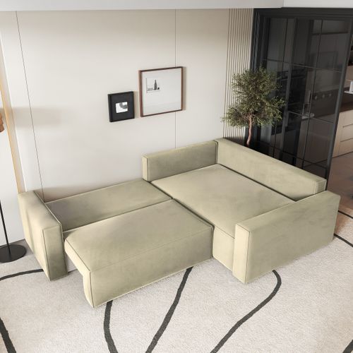 Canapé D'angle Eronis Crème En Velours Avec Fonction De Couchage