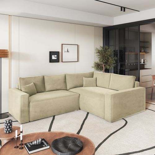 Canapé D'angle Eronis Crème En Velours Avec Fonction De Couchage