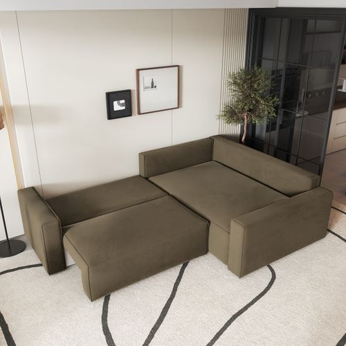Canapé D'angle Eronis Beige En Velours Avec Fonction De Couchage