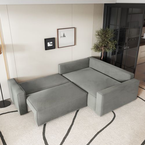 Canapé D'angle Eronis Gris Clair En Velours Avec Fonction De Couchage