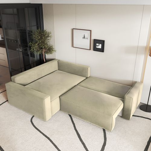 Canapé D'angle Eronis Crème En Velours Avec Fonction De Couchage