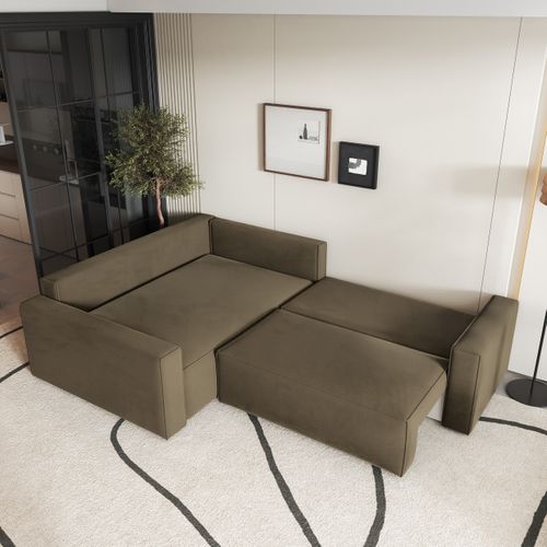 Canapé D'angle Eronis Beige En Velours Avec Fonction De Couchage