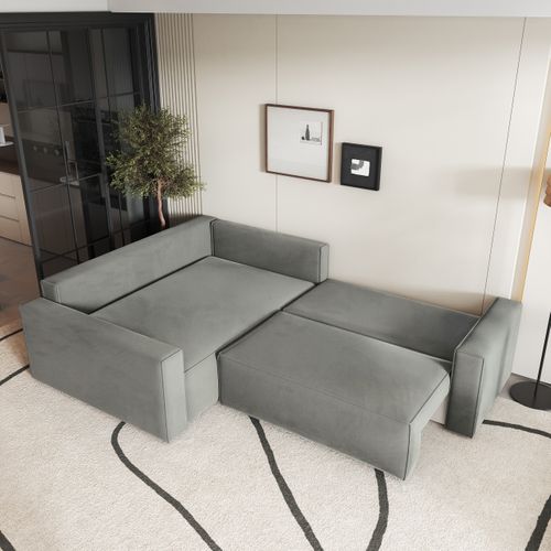 Canapé D'angle Eronis Gris Clair En Velours Avec Fonction De Couchage