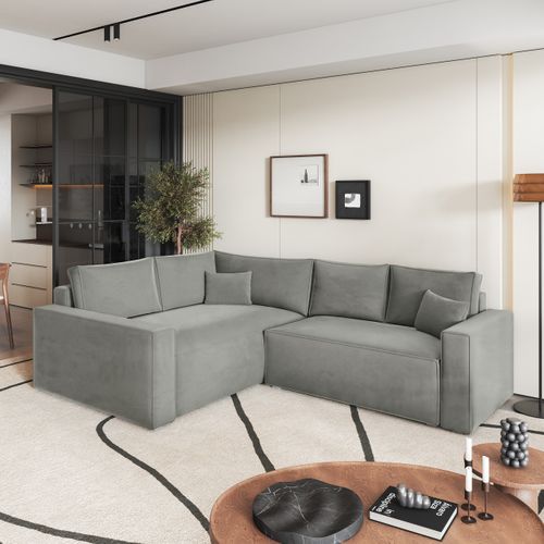 Canapé D'angle Eronis Gris Clair En Velours Avec Fonction De Couchage