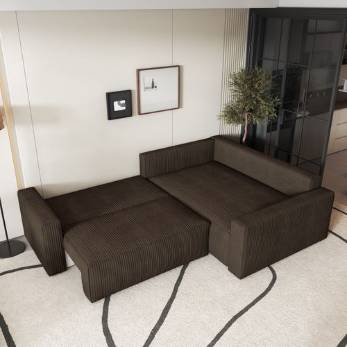 Canapé D'angle Eronis Marron En Velours Côtelé Avec Fonction De Couchage