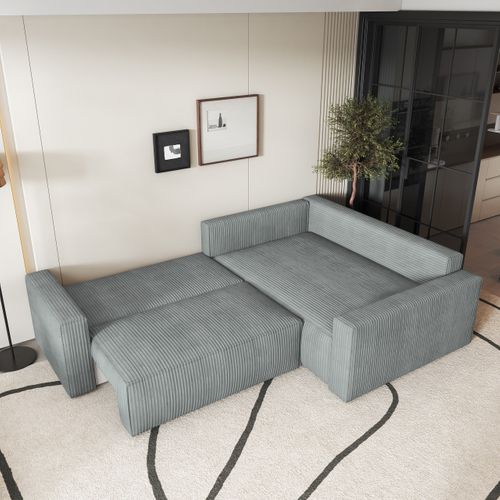 Canapé D'angle Eronis Gris Clair En Velours Côtelé Avec Fonction De Couchage