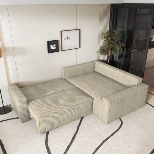 Canapé D'angle Eronis Crème En Velours Côtelé Avec Fonction De Couchage