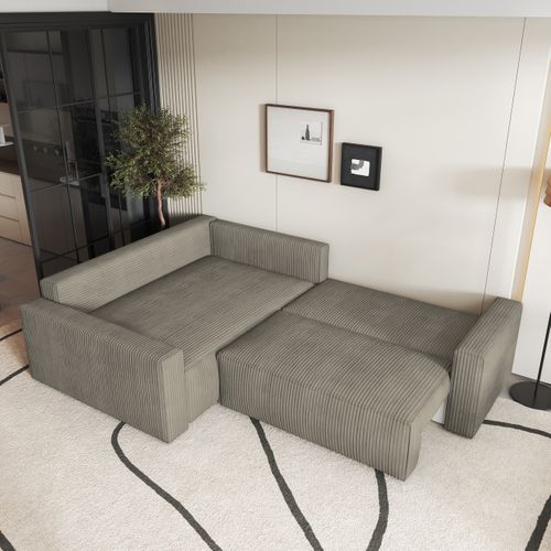 Canapé D'angle Eronis Beige En Velours Côtelé Avec Fonction De Couchage