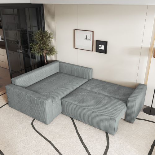 Canapé D'angle Eronis Gris Clair En Velours Côtelé Avec Fonction De Couchage