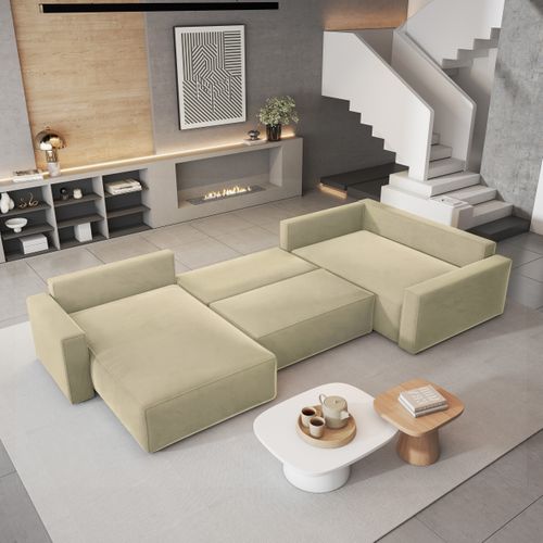 Canapé D'angle Velami Crème En Velours Avec Fonction De Couchage