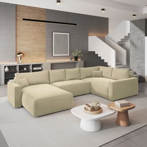 Canapé D'angle Velami Crème En Velours Avec Fonction De Couchage