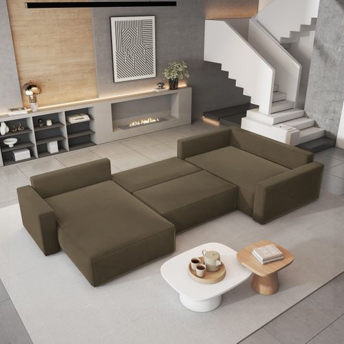 Canapé D'angle Velami Beige En Velours Avec Fonction De Couchage