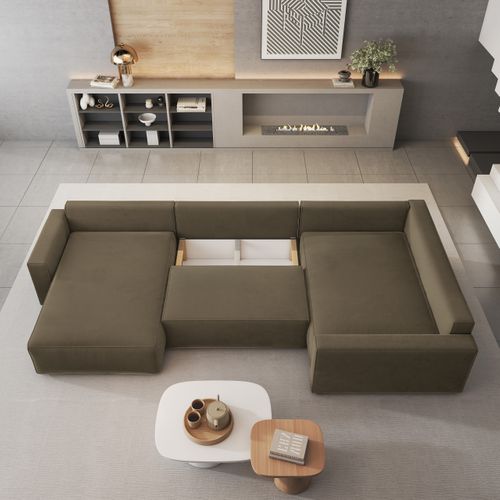 Canapé D'angle Velami Beige En Velours Avec Fonction De Couchage