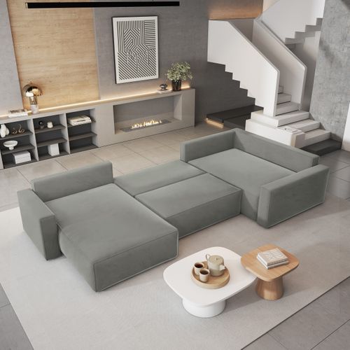 Canapé D'angle Velami Gris Clair En Velours Avec Fonction De Couchage