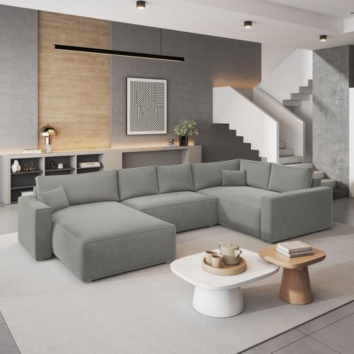 Canapé D'angle Velami Gris Clair En Velours Avec Fonction De Couchage